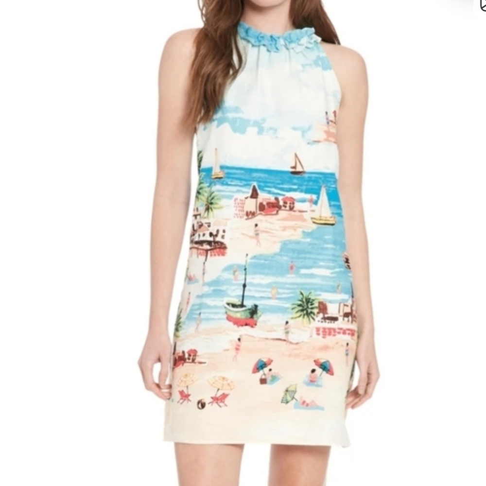 London Times Avelle Linen Blend Halter Dress Scenic Beach Print Size 10